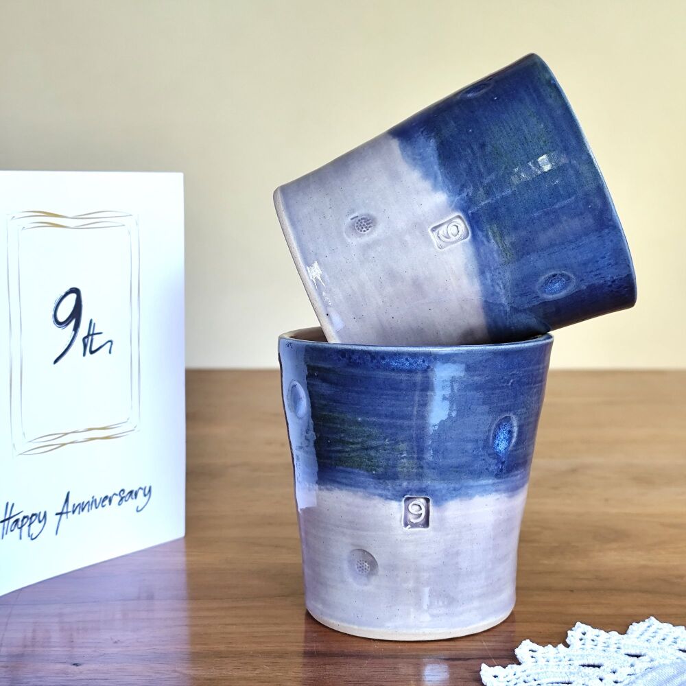 9th Pottery Wedding Anniversary Mug Tumbler (navy blue & lavender blue)