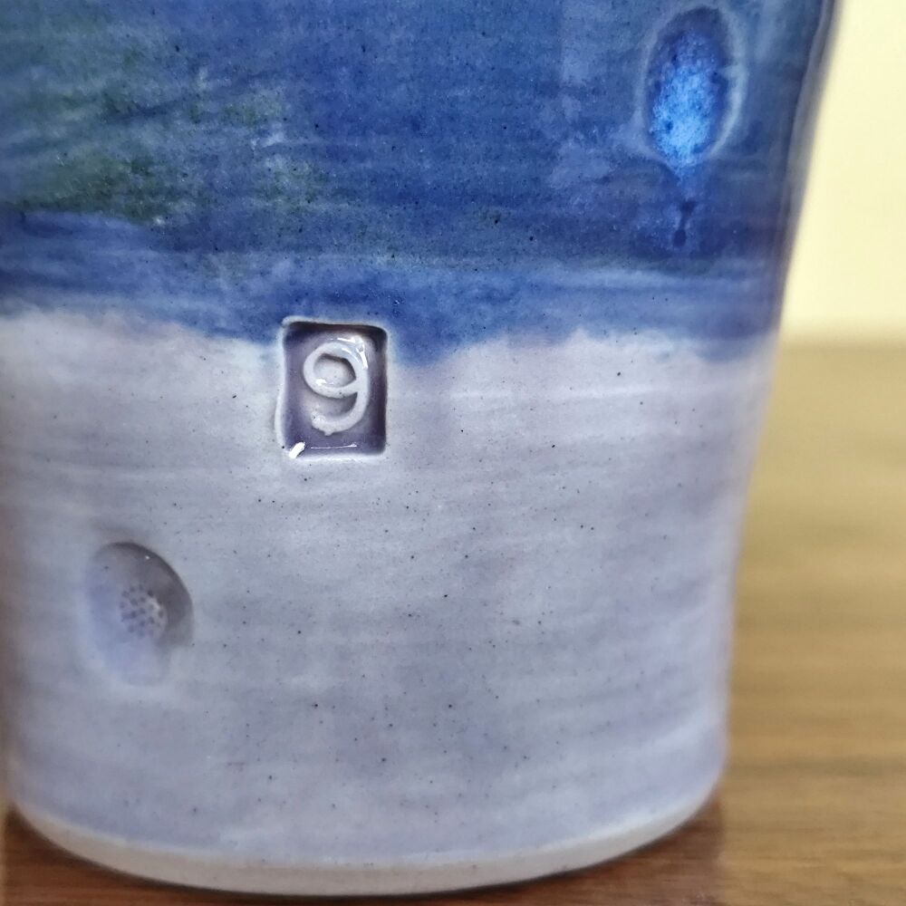 9th Pottery Wedding Anniversary Mug Tumbler (navy blue & lavender blue)
