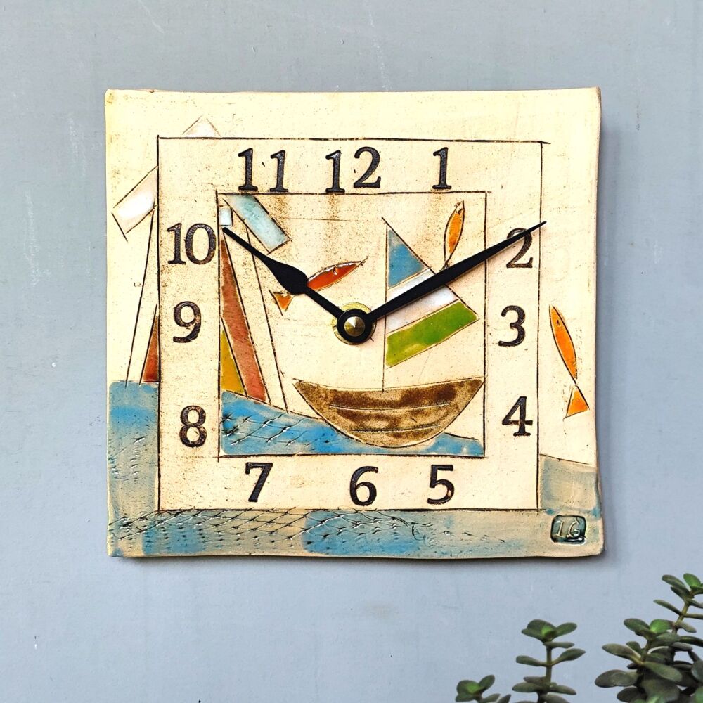 Ceramic wall clock square "Boat, beach hut, fish"