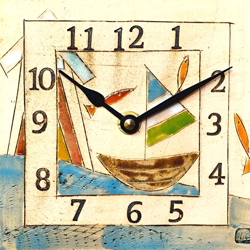 Ceramic wall clock square "Boat, beach hut, fish"