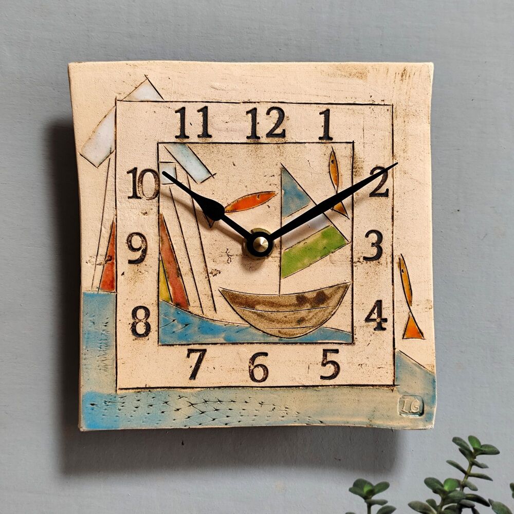 Ceramic wall clock square "Boat, beach hut, fish"