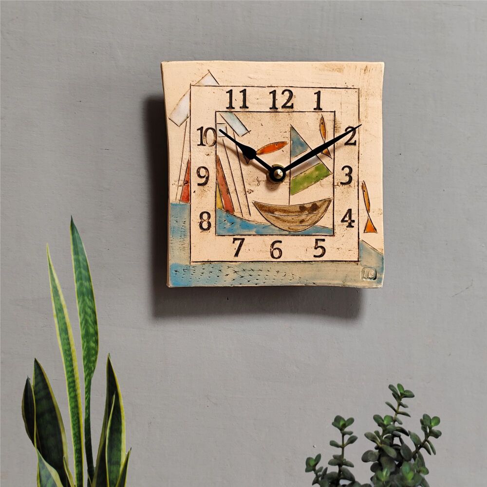 Ceramic wall clock square "Boat, beach hut, fish"
