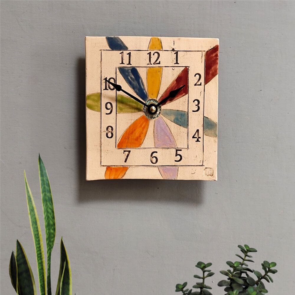 Ceramic wall clock square "Bright coloured large flower petals"
