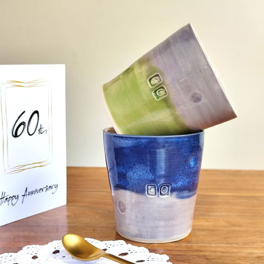 60th Birthday or  Wedding Anniversary Mug Tumbler in blue or green