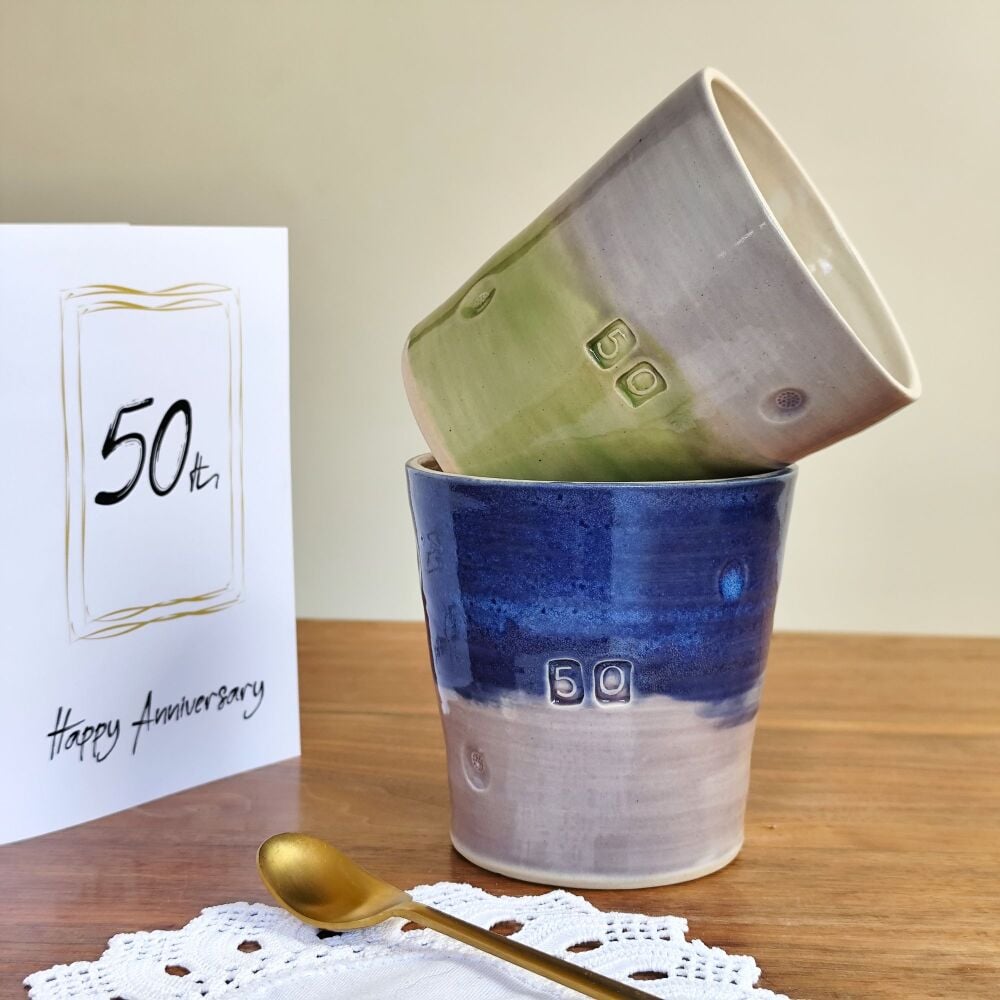 50th Birthday or  Wedding Anniversary Mug Tumbler in blue or green