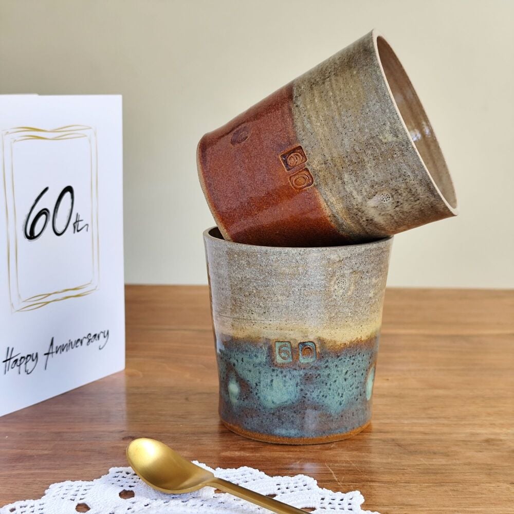 60th Birthday or  Wedding Anniversary Mug Tumbler (terracotta & green)