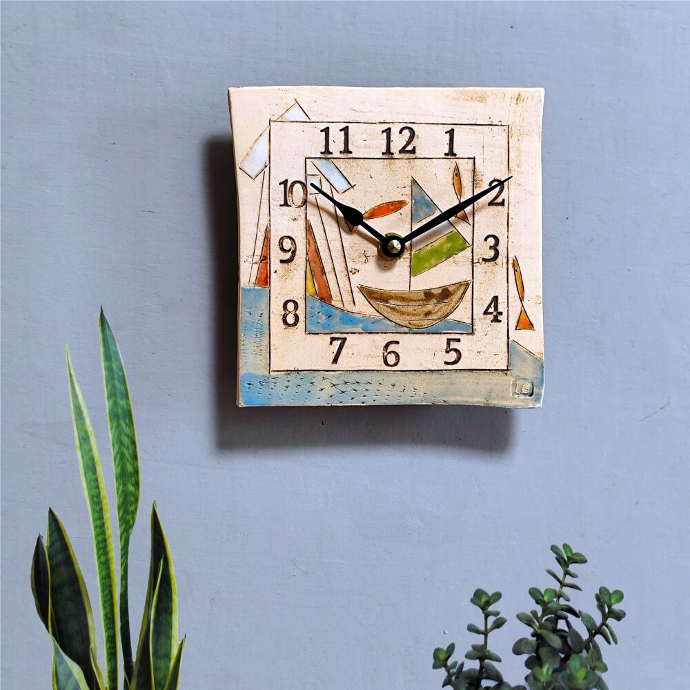 Ceramic wall clock square "Boat, beach hut, fish"