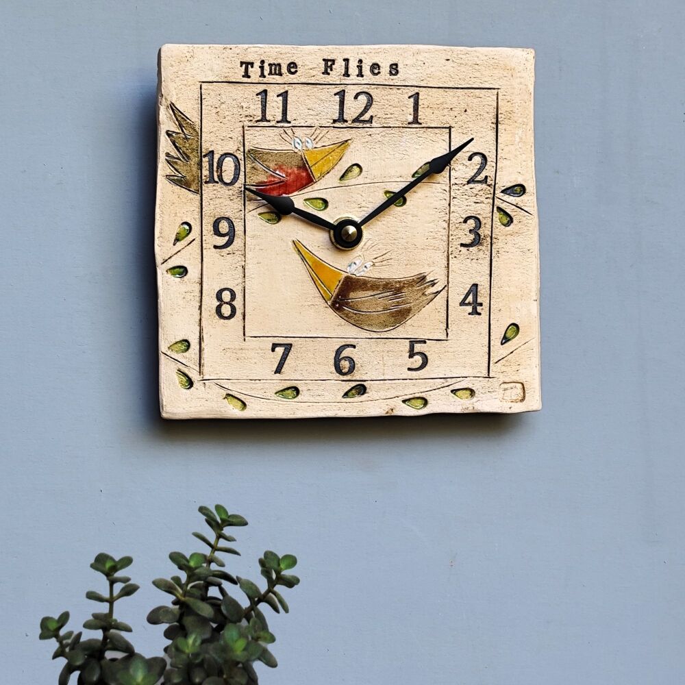 Ceramic wall clock square "Time Flies"