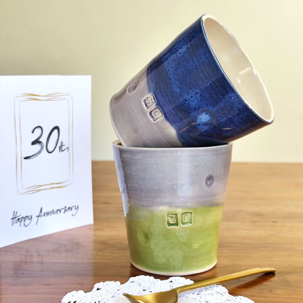 30th Birthday or  Wedding Anniversary Mug Tumbler in Lime green or Navy blue.