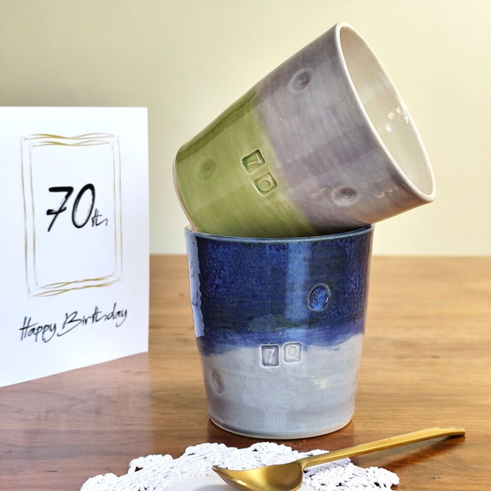 70th Birthday Anniversary Mug Tumbler in Lime green or Navy blue.