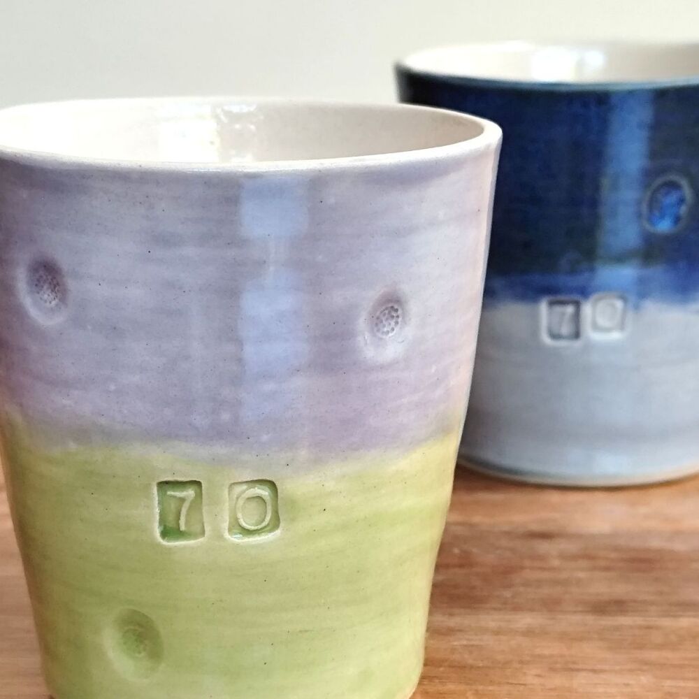 70th Birthday Anniversary Mug Tumbler in Lime green or Navy blue.