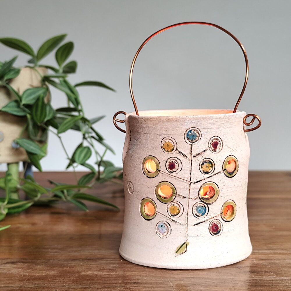 Tea light holder with copper wire - Colourful tree