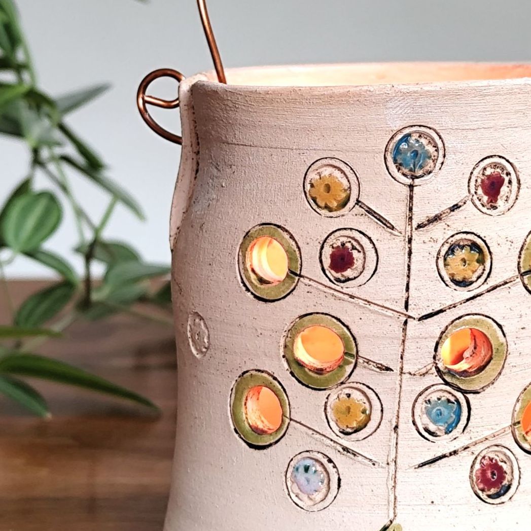 Tea light holder with copper wire - Colourful tree