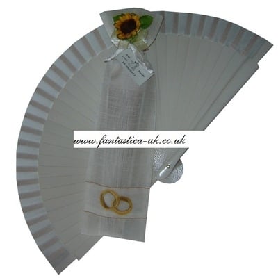 NEW! White Wedding Fan - With Organza Bag and Sunflower