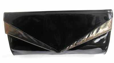 Designer Renata clutch bag black patent burnished gold trim