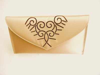 Renata  designer evening clutch bag.beige satin /brown embroidery
