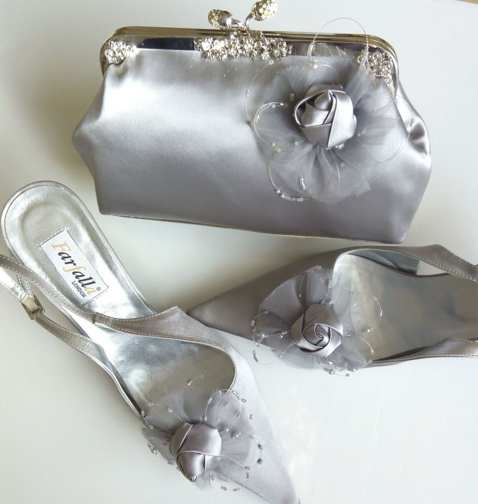 silver grey shoes and handbags