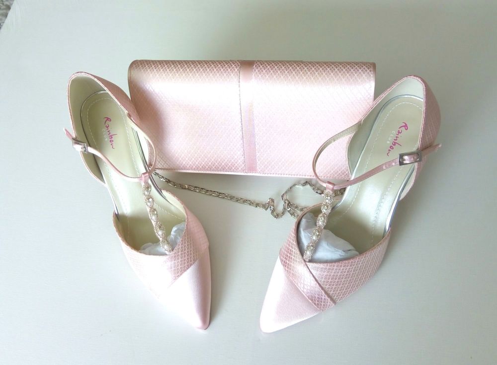 Rainbow club bespoke shoes matching bag pale pink satin |lace  pearls cryst