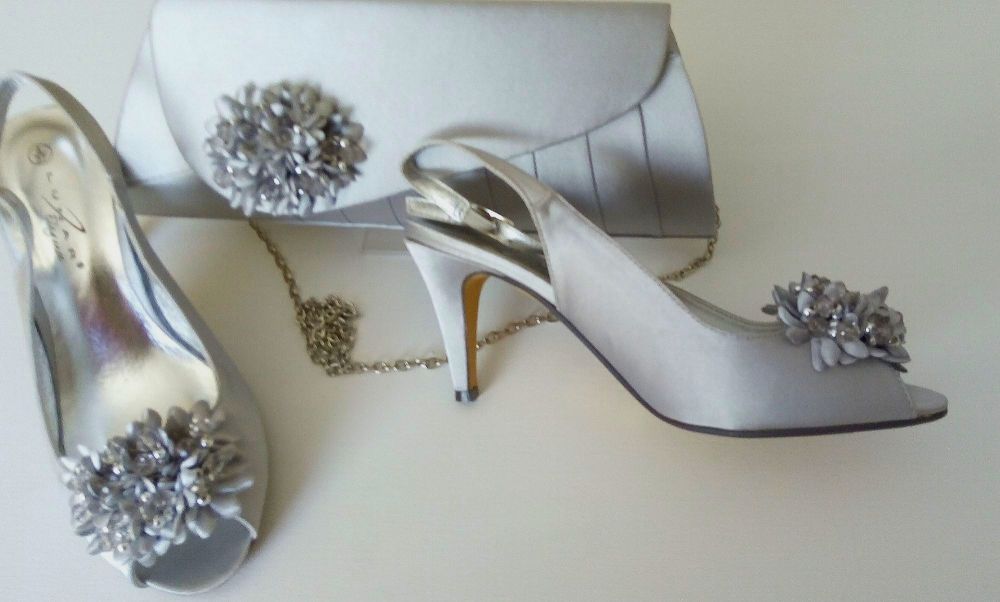 silver grey shoes and matching handbag