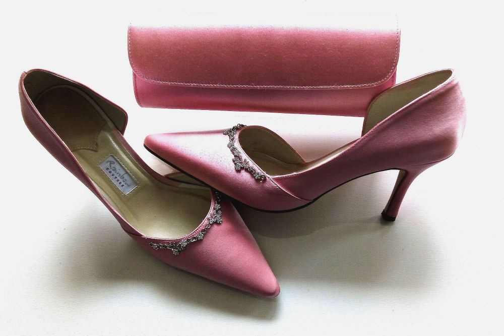 Mother bride Rainbow Couture pink satin shoes matching bag size 6