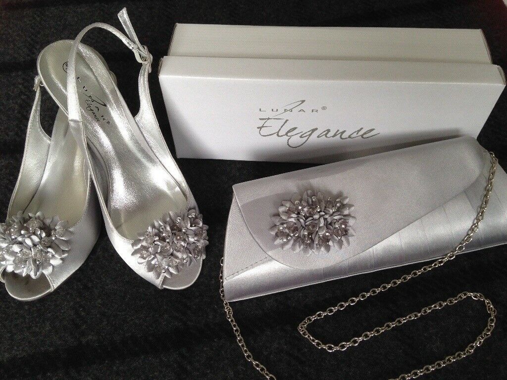 Lunar silver grey satin peeptoe occasion shoes matching bag size 6