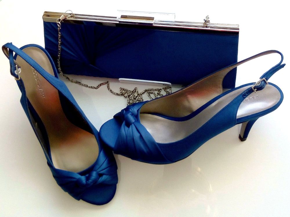 Jacques Vert occasions satin shoes petrol blue knot detail matching bag size 7