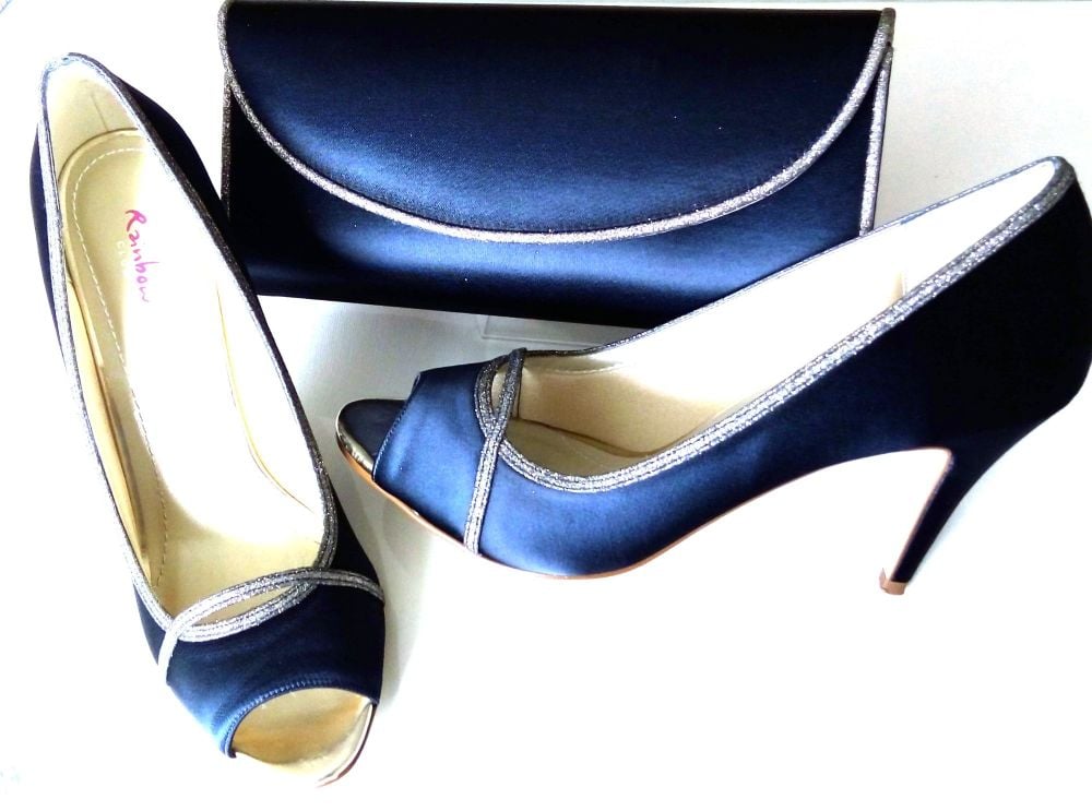 Rainbow Club navy satin with shimmer mother bride shoes matching bag size 6