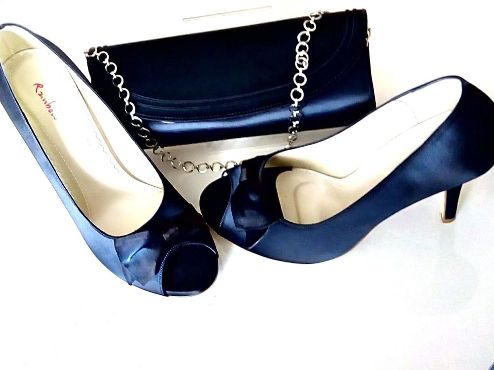 Occasions shoes matching bag in navy satin from Rainbow Club size 7-7.5