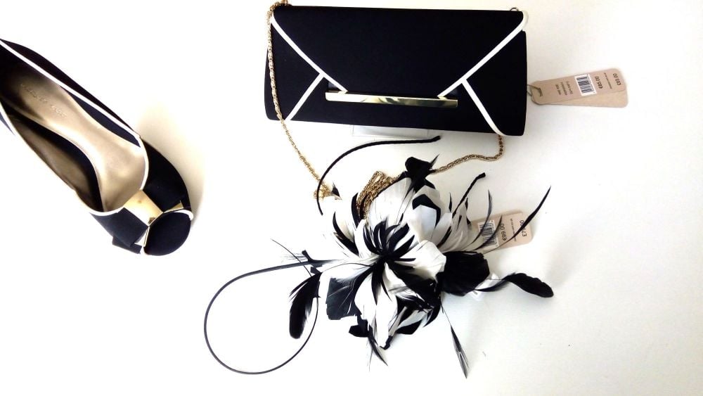 Jacques Vert stunning black|gold trim shoes fascinator|feather headband bag