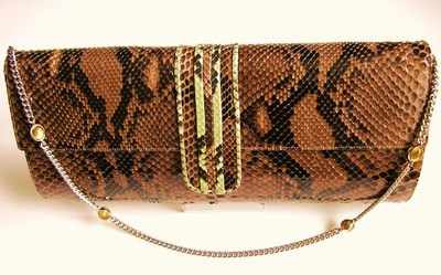 Designer bag Gina London browns/lime snakeskin jewel chain.