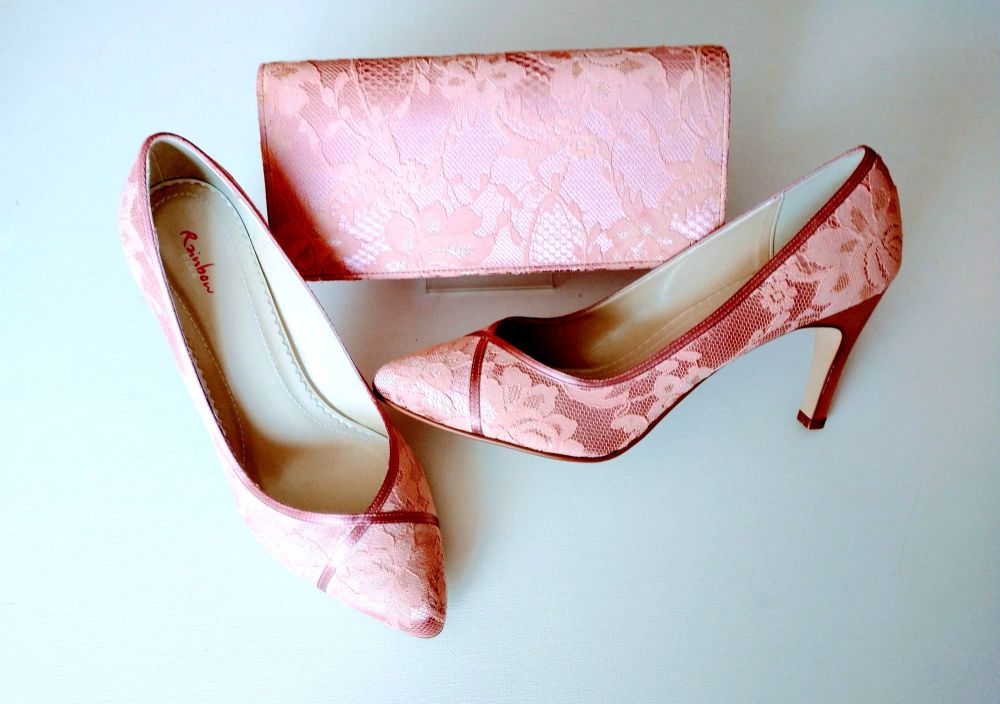 Rainbow Club deep pink satin lace occasions shoes matching bag size 6.5