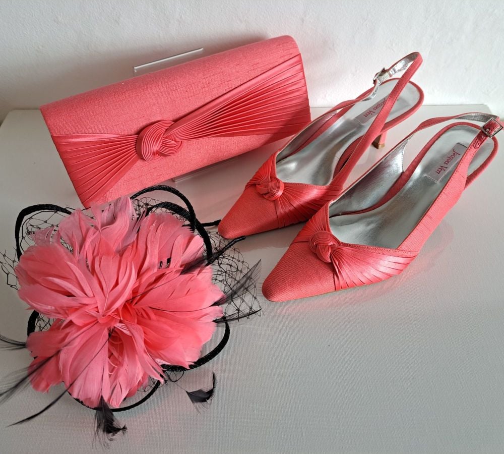 Jacques Vert deep coral shoes matching bag with fascinator size 5 to 5.5