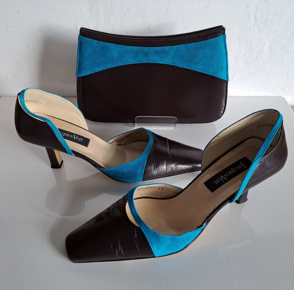 Jacques Vert shoes matching bag Dark Chocolate with blue size 7.5