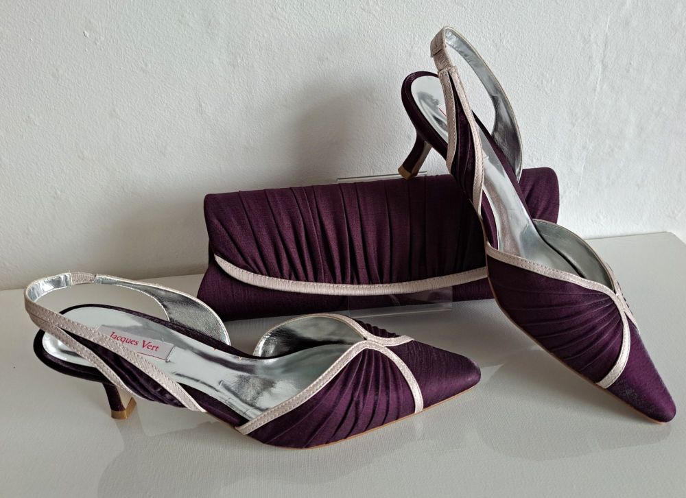 Jacques Vert damson purple satin slingback kitten heels size 5 & matching clutch bag