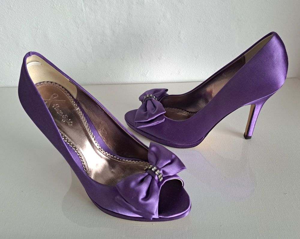 Phase Eight Purple Satin Crystal Peep Toe Shoes Size 4 - 4.5 and Large Matching Bag