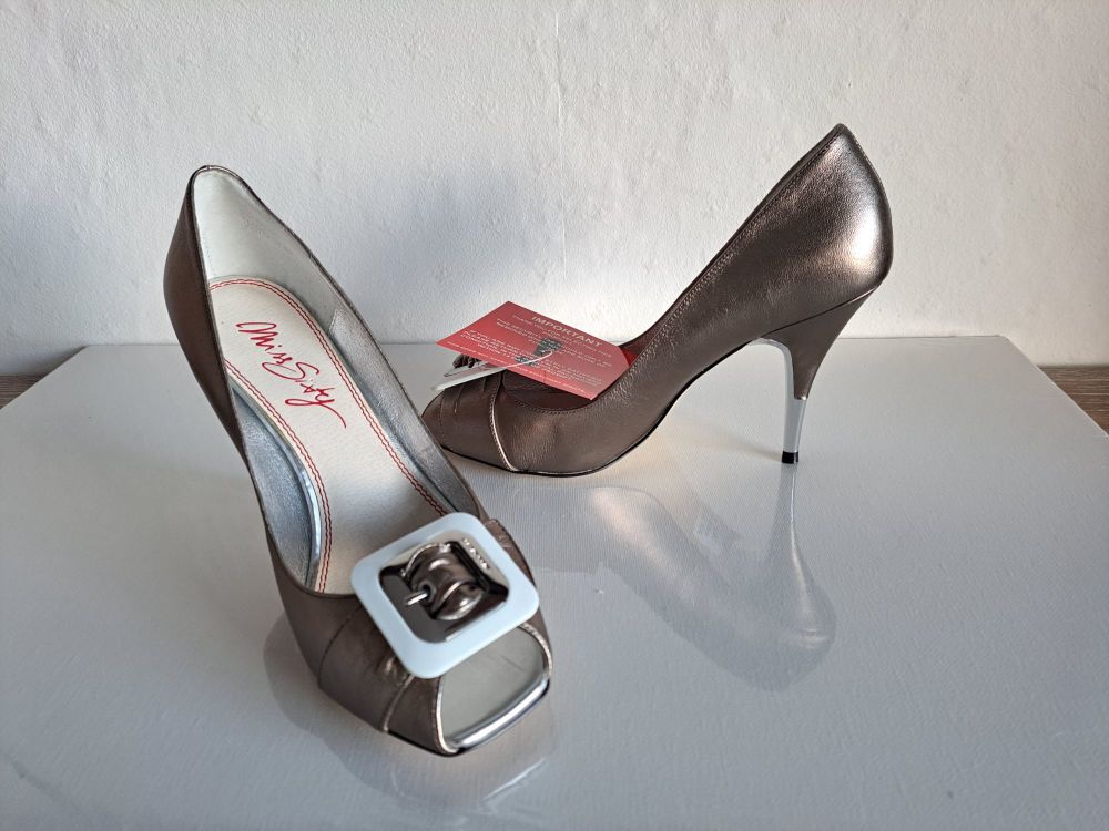 Miss Sixty designer shoes peep toe buckle pewter size 5