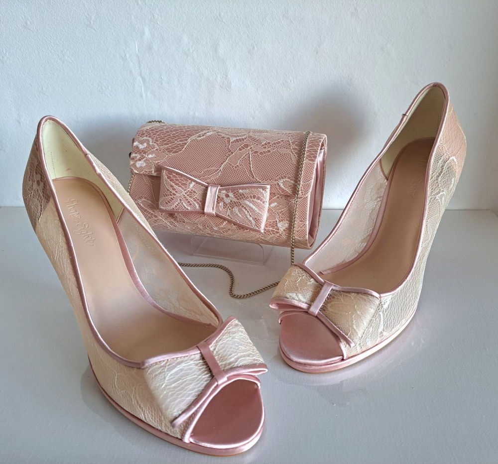 Phase Eight Pink Satin Overlay Lace Shoes & Matching Bag size 8