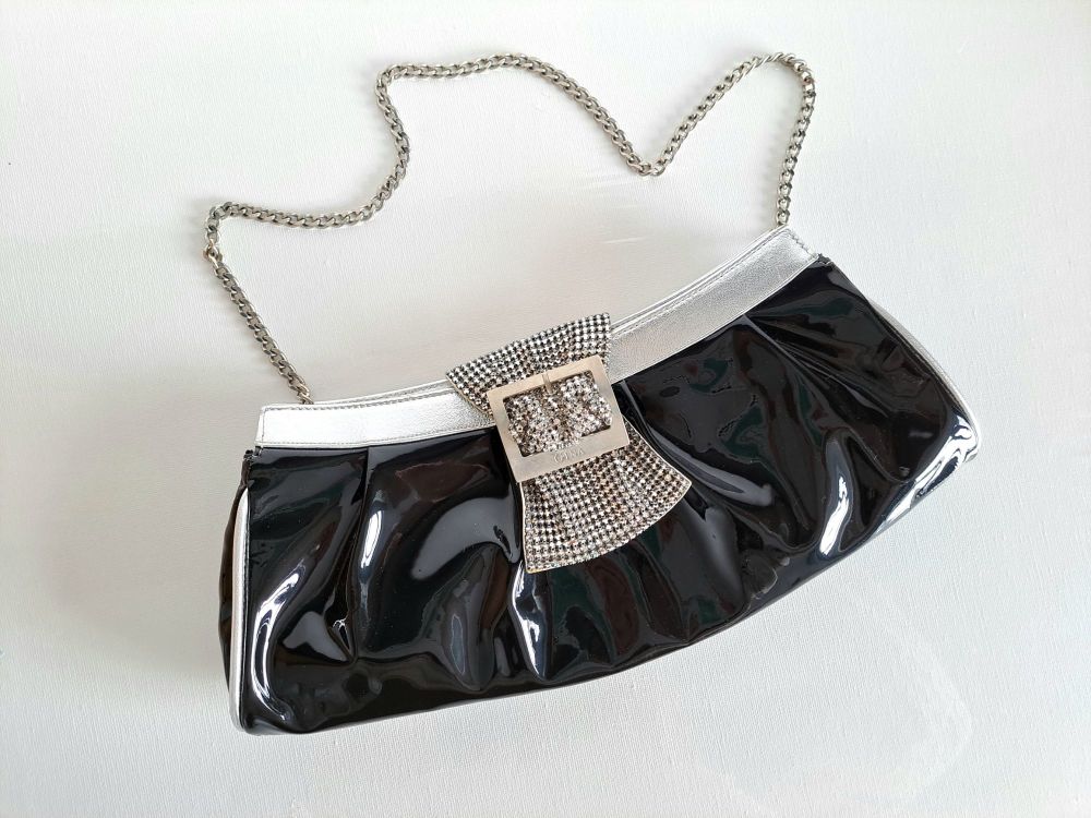 Gina evening bag black patent with silver trim  crystals buckle 