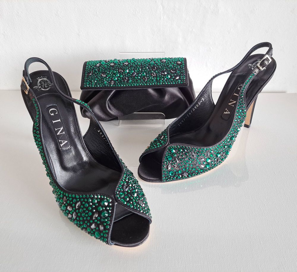 Gina encrusted emerald crystals black peep toe shoes matching clutch bag Size 6 to 6.5