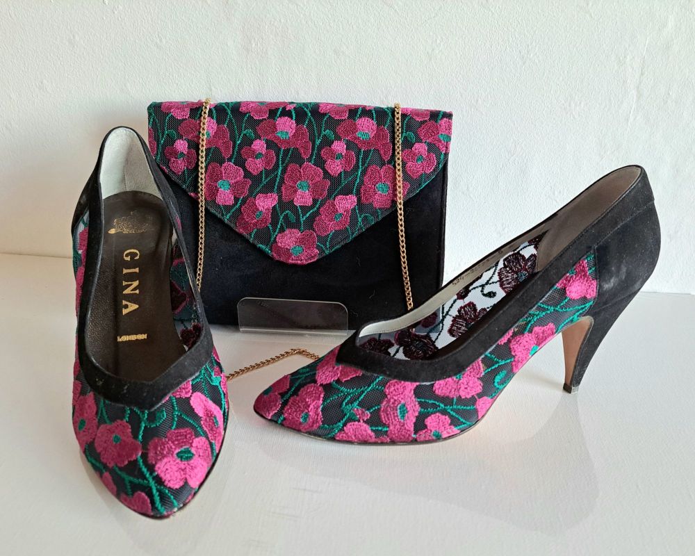 Gina designer shoes matching bag black cerise flowers size 5.5 - size  6