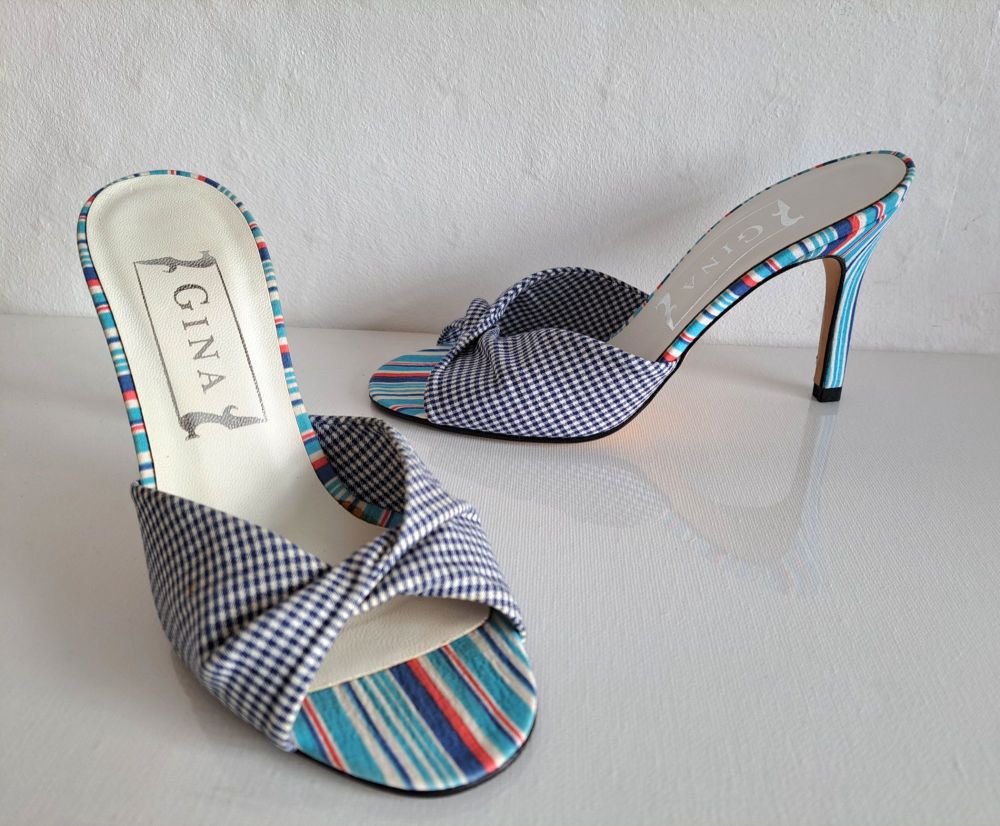 Gina designer shoes mules blue white gingham size 3 new