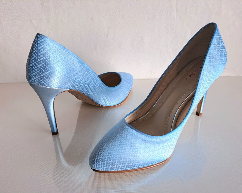 Rainbow Club blue satin wedding occasions high heels lace overlay size 6.5