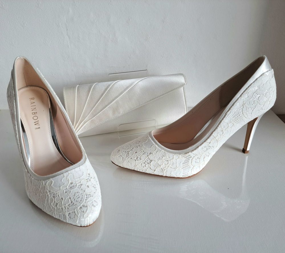 Rainbow Club Ivory Lace & Satin Bridal Shoes & Matching Bag Size 7