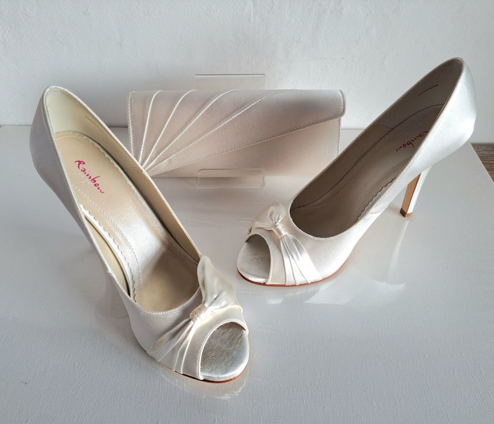 Rainbow Club Ivory Satin Bridal Peep Toe High Heels & Matching Bag Size 7