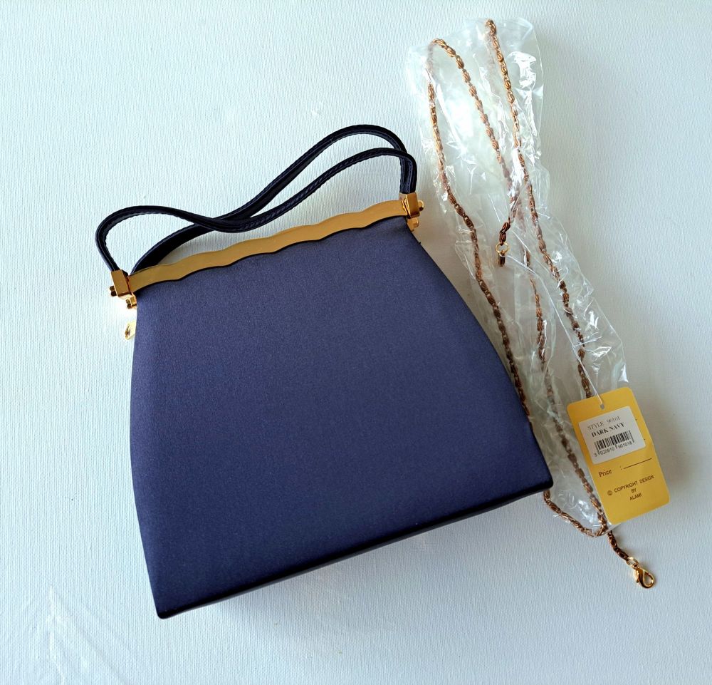 Farfalla designer bag dark navy silky material twin handle chain  