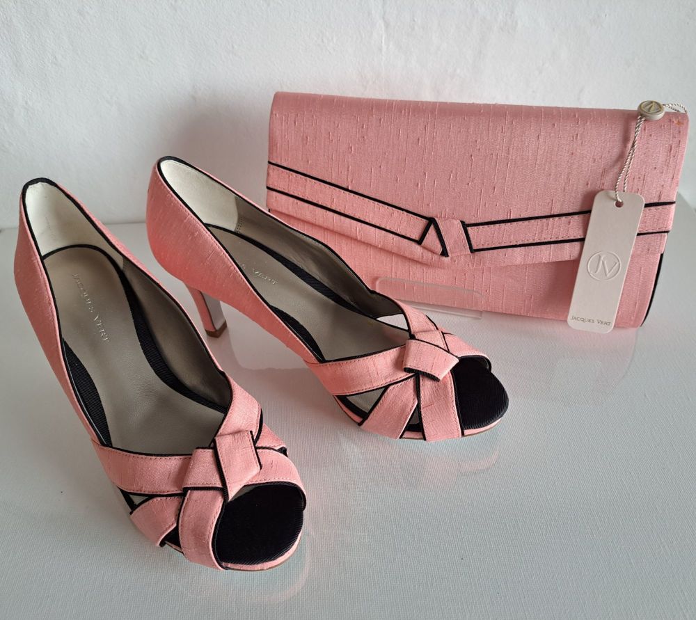 Jacques Vert wedding occasions salmon/black peep toe shoes & matching bag size 5