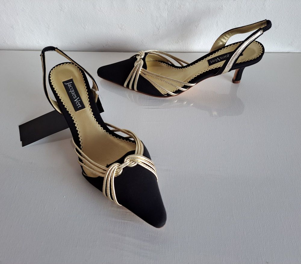 Jacques Vert black and gold occasions slingback kitten heel shoes size 4 .