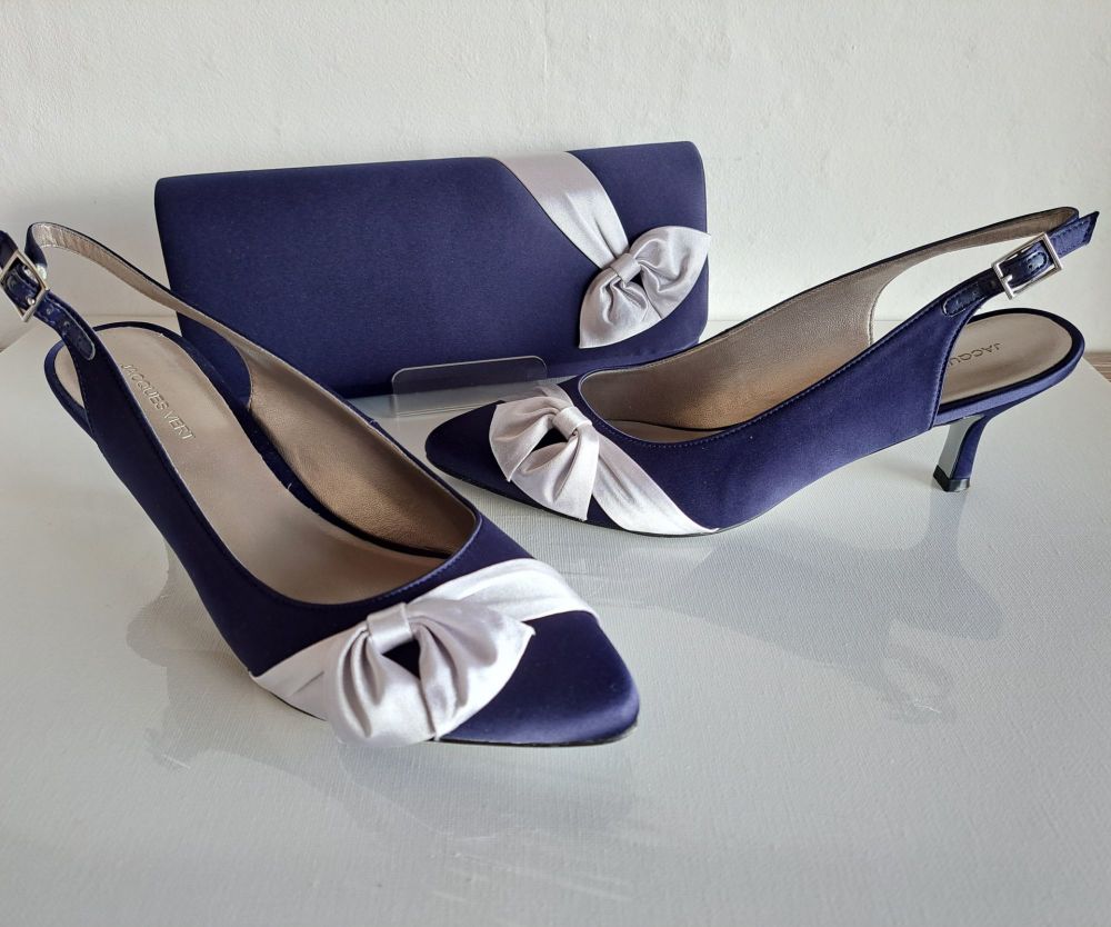 Jacques Vert Navy silk & Silver Grey Bow Kitten Heel Slingback Shoes & Matc