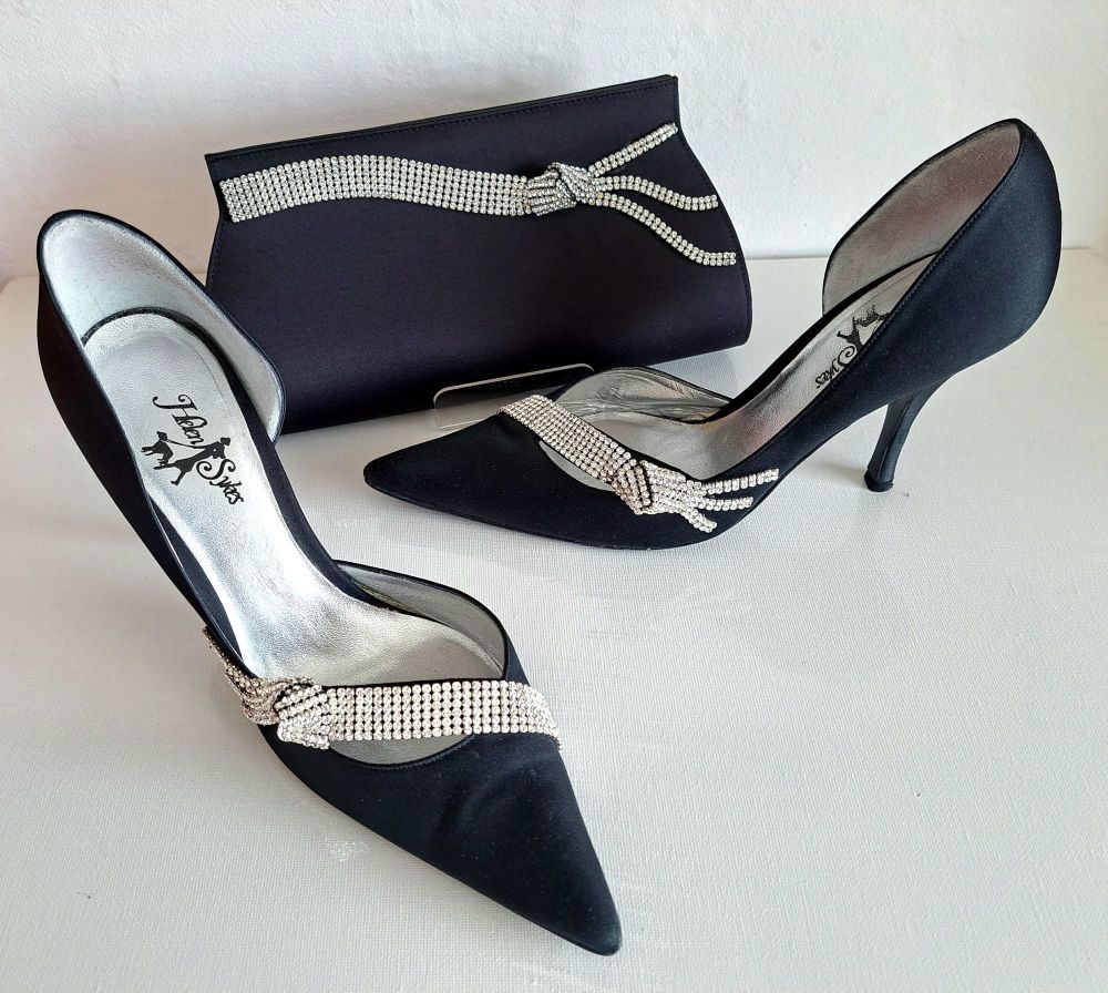 Magrit special occasion black satin shoes diamante embellishment size 6.5