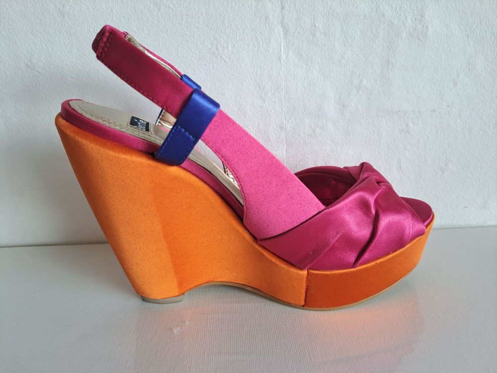 Bertie Pink/Orange Satin Platform Wedge Shoes Size 3